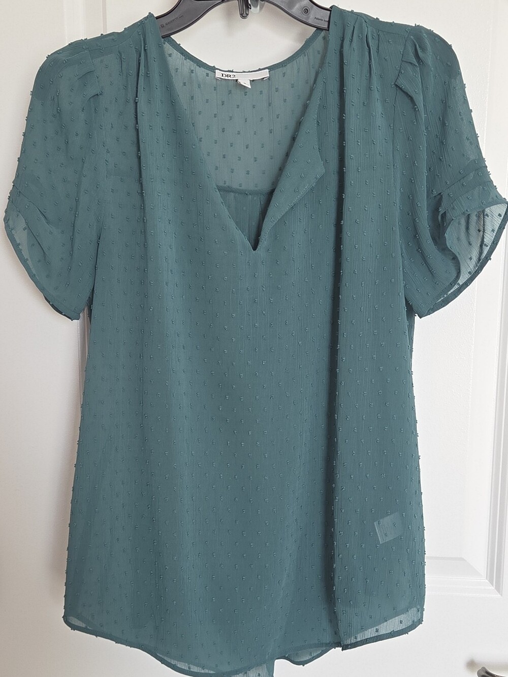 DR2 by Daniel Rainn Teal Green Swiss Dot Short Sleeve V-Neck Blouse - Size M